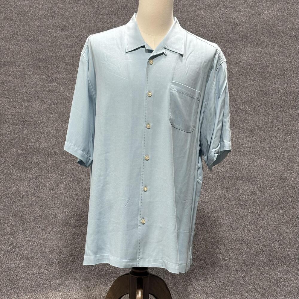 Tommy Bahama Shirt Mens 1XL Blue Catalina Twill Silk Short Sleeve Button Casual
